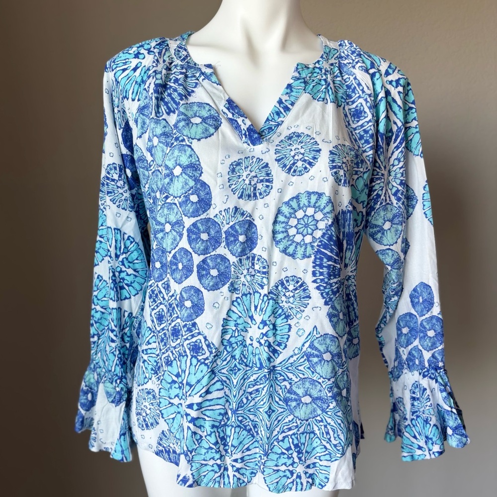 La Mer Luxe Christy Periwinkle Sea Urchin Long Sleeve Tunic Blouse Women's Sz M
